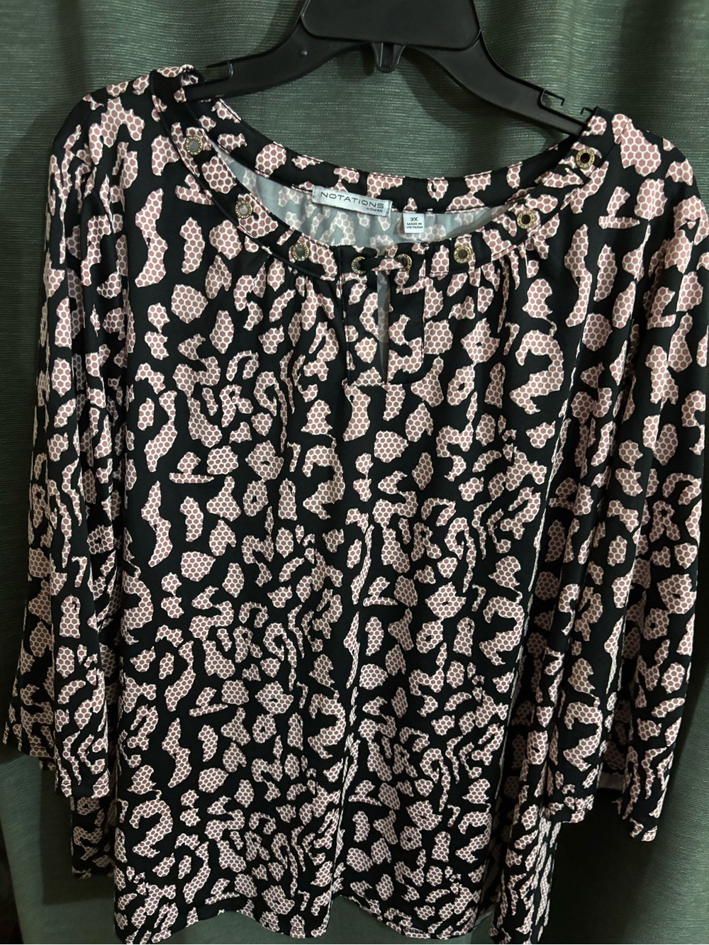 Notations Black and Blush Pink Grommet Tie Blouse
